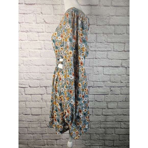 No Comment Womens L Floral‎ Dress & Side Waist Slits Puffy Sleeves Boho - Picture 6 of 16